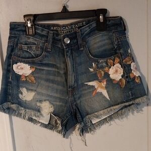 American Eagle Outfitters Women's Blue Denim Shorts with Floral Embroidery